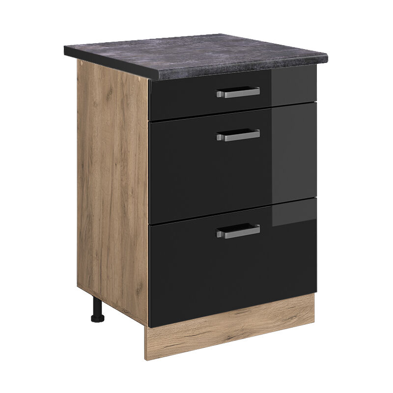 Meuble cuisine R-Line, Noir Haute brillance, 60 cm avec tiroirs, pt Anthracite Vicco