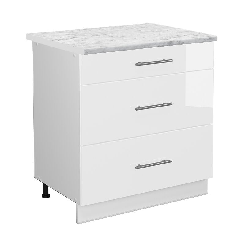 Meuble cuisine Fame-Line, Blanc Haute brillance, 80 cm avec 3 tiroirs, pt Marbre Vicco