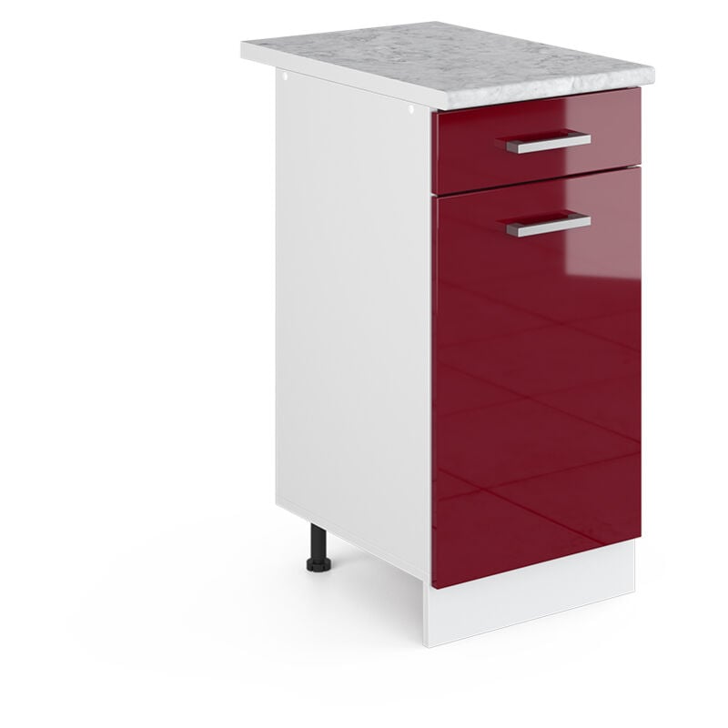 Meuble bas universel R-Line, Rouge bordeaux Haute brillance, 40 cm avec tiroir, avec plan de travail Vicco