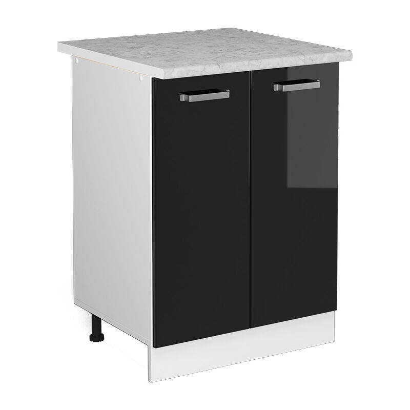 Meuble bas universel R-Line, Noir Haute brillance, 60 cm avec portes, avec plan de travail Vicco