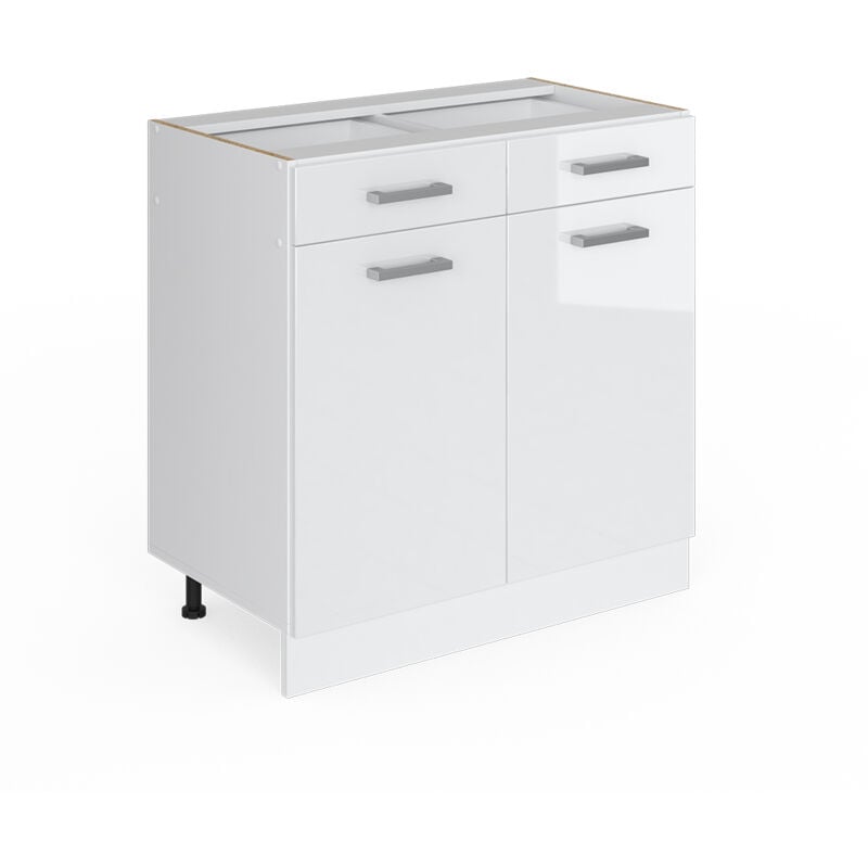 Meuble bas universel R-Line, Blanc Haute brillance, 80 cm avec tiroirs et portes, sans plan de travail Vicco