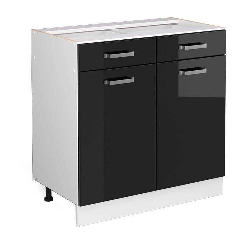 Meuble bas universel R-Line, Noir Haute brillance, 80 cm avec tiroirs et portes, sans plan de travail Vicco
