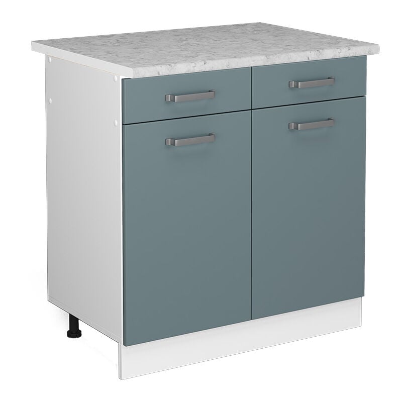 Meuble bas universel R-Line, Bleu-gris, 80 cm avec tiroirs et portes, avec plan de travail Vicco