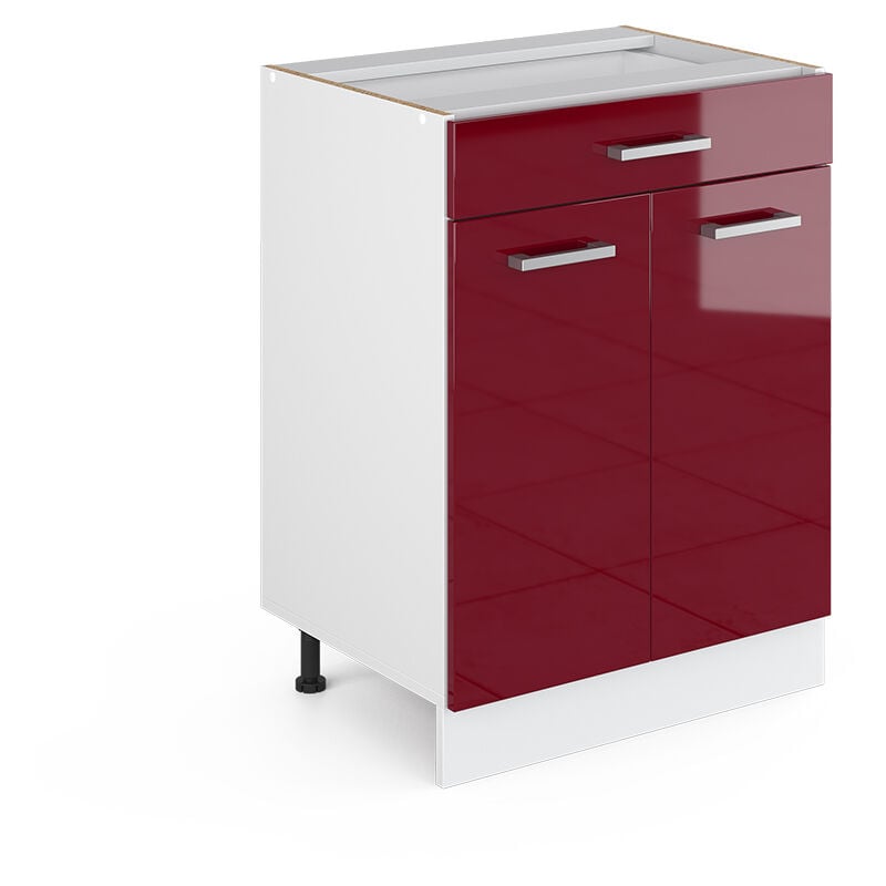 Meuble bas universel R-Line, Rouge bordeaux Haute brillance, 60 cm avec tiroirs, sans plan de travail Vicco