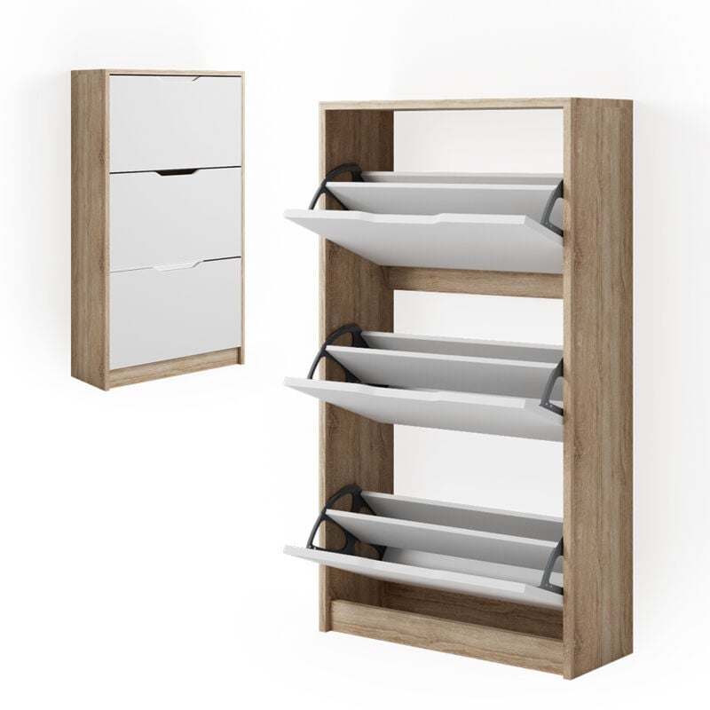 Vicco - Meuble à chaussure Luca, Blanc/Sonoma, 59x105cm 3 compartiments