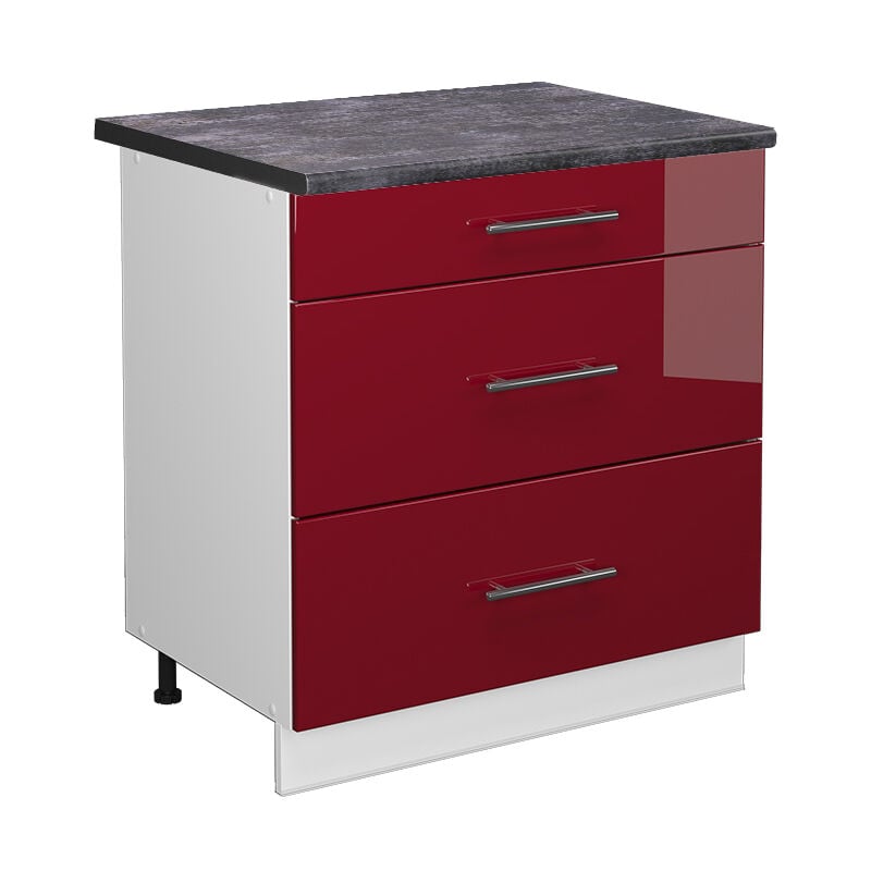 Meuble cuisine Fame-Line, Rouge bordeaux Haute brillance, 80 cm avec 3 tiroirs, PT Anthracite, Vicco