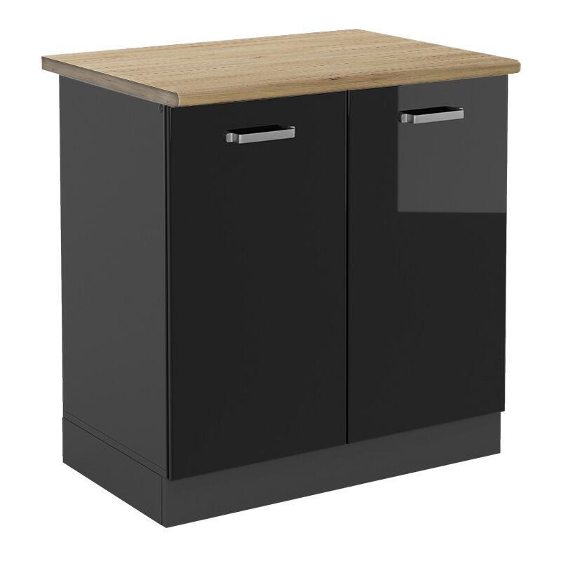 Meuble bas sous-évier R-Line, Noir Haute brillance, 80 cm , PT Chêne, Vicco