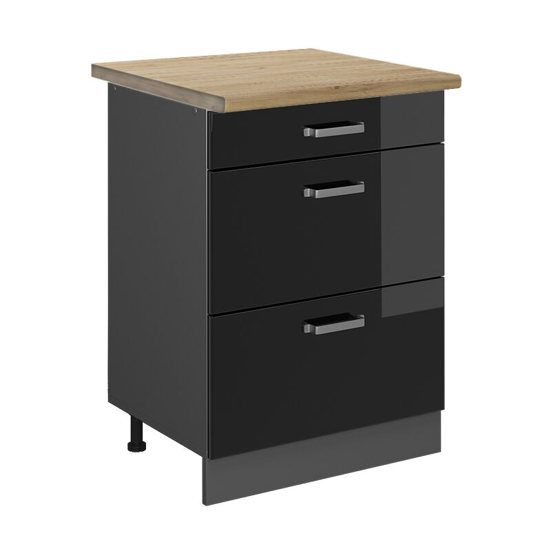 Meuble cuisine R-Line, Noir Haute brillance, 60 cm avec tiroirs, pt Chêne Vicco