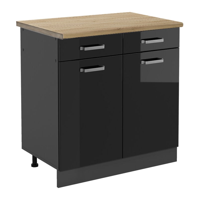 Meuble cuisine R-Line, Noir Haute brillance, 80 cm, pt Chêne Vicco