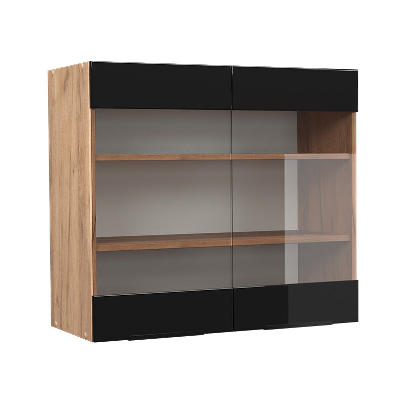 Meuble de cuisine haut vitré Fame-Line, Chêne noir brillant, 80 cm Vicco