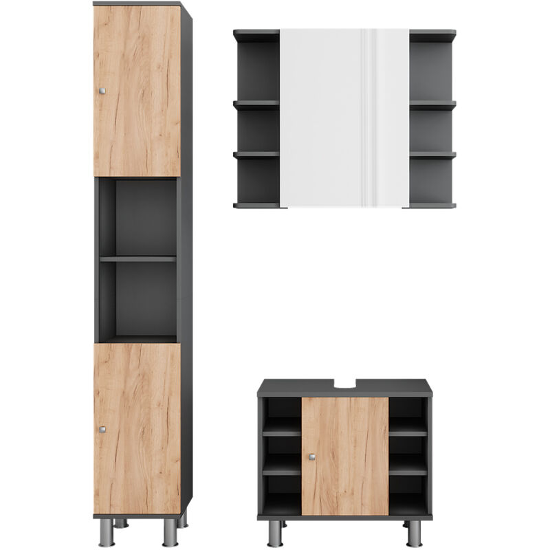 Meubles bain Fynn, Anthracite/chêne doré, 3 pièces avec armoire haute, Vicco