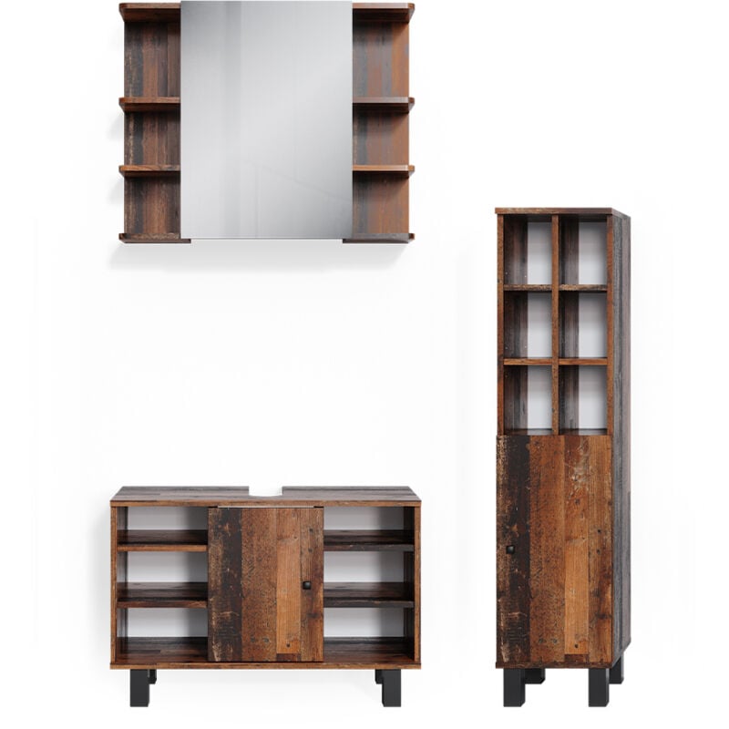 Vicco - Ensemble de meubles de salle de bain Fynn, Chêne rustique, 3 pièces, armoire basse 80 cm