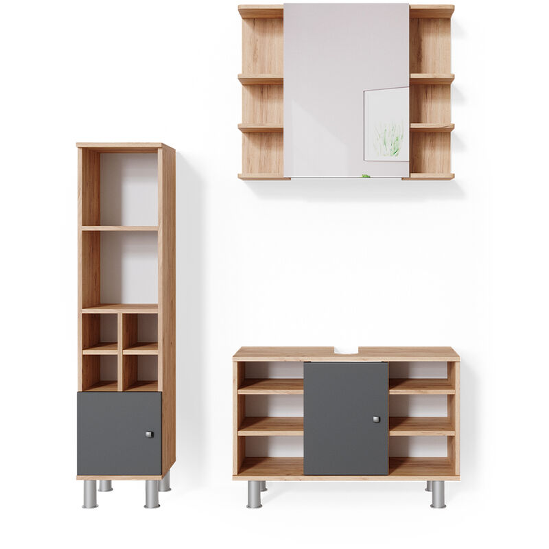 Vicco - Ensemble de meubles de salle de bain Fynn, Chêne de force doré, 3 parties