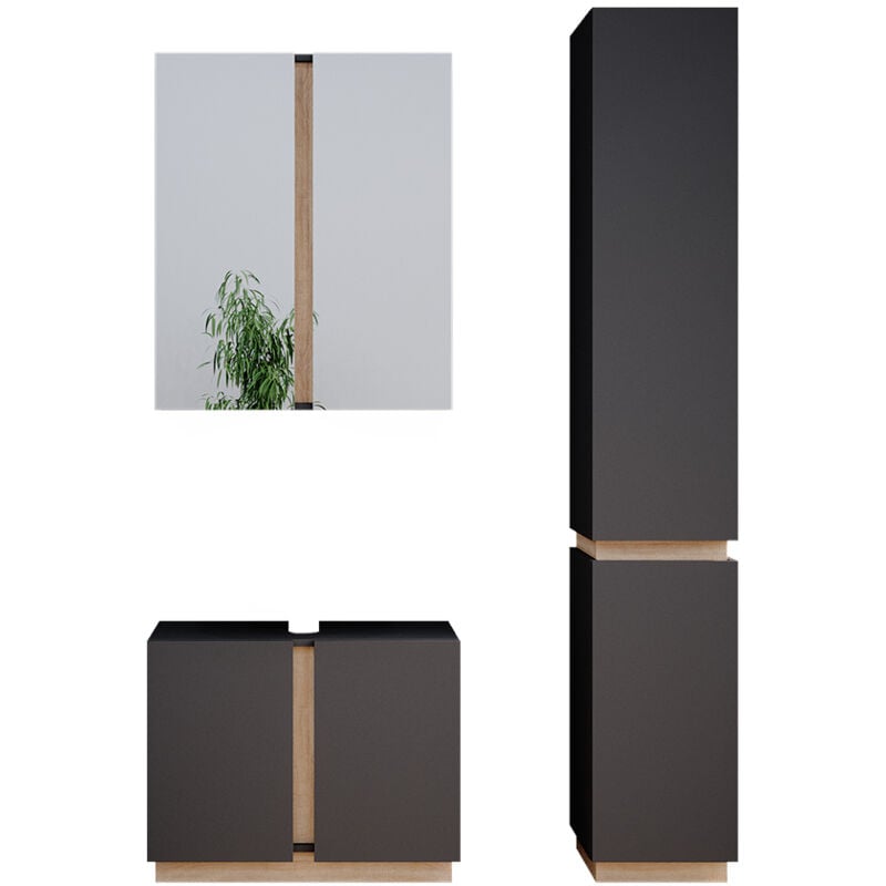 Vicco - Ensemble de meubles de salle de bain Gloria, Anthracite, 3 pièces, avec armoire haute