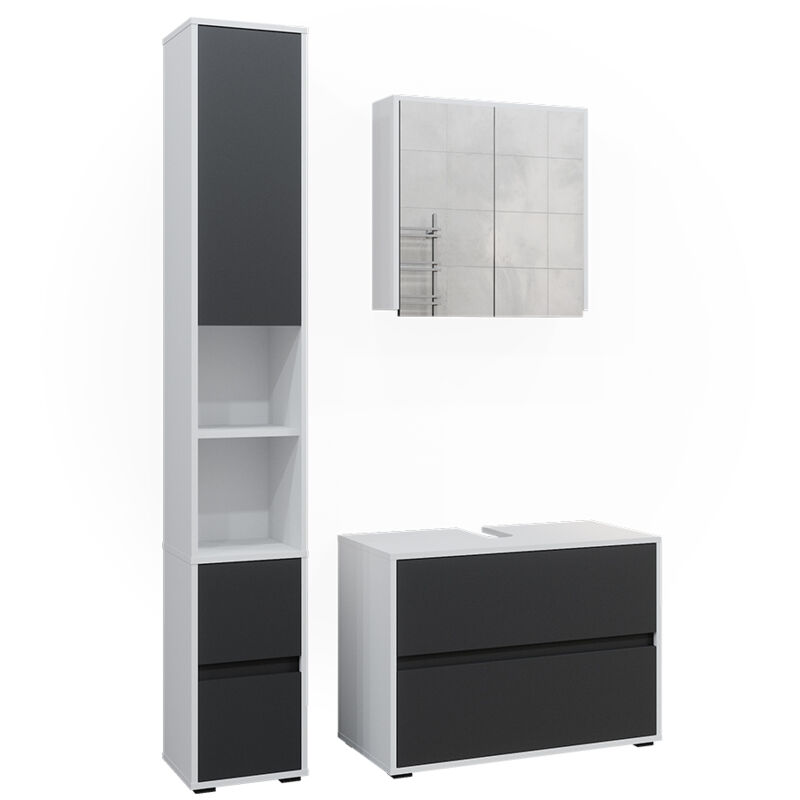 Vicco - Ensemble de meubles de salle de bain Maltin, blanc/anthracite, 3 pièces, avec armoire haute