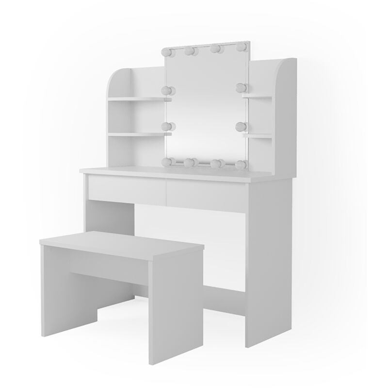 Schminktisch Charlotte, Weiß, 108 cm mit led Beleuchtung und Bank Vicco