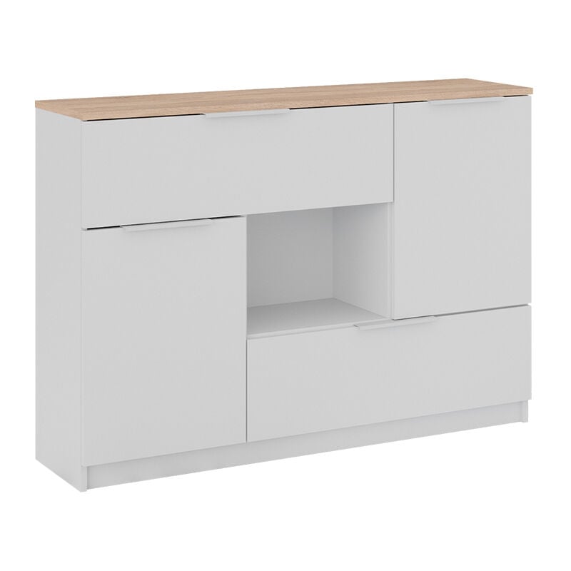 Commode avec tiroirs Betti, Blanc/Sonoma, 120x83.6cm 2x porte, 2x tiroir et 1x compartiment ouvert Vicco