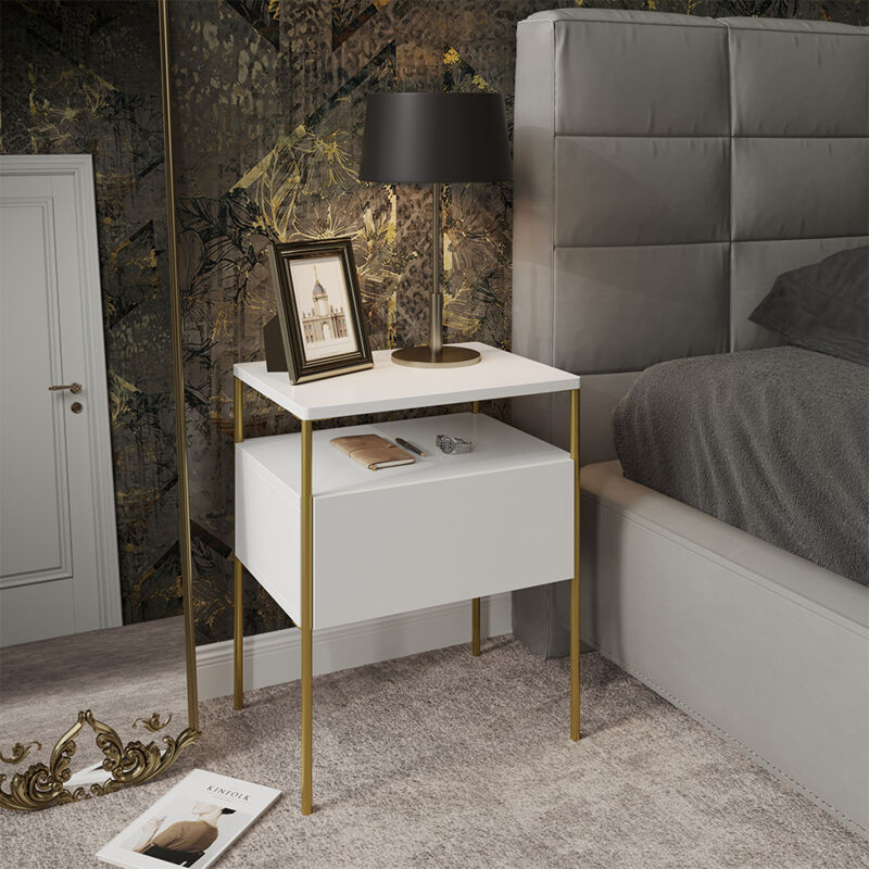 Vicco - Table de chevet Mira, Blanc/Or, 40 x 50 cm