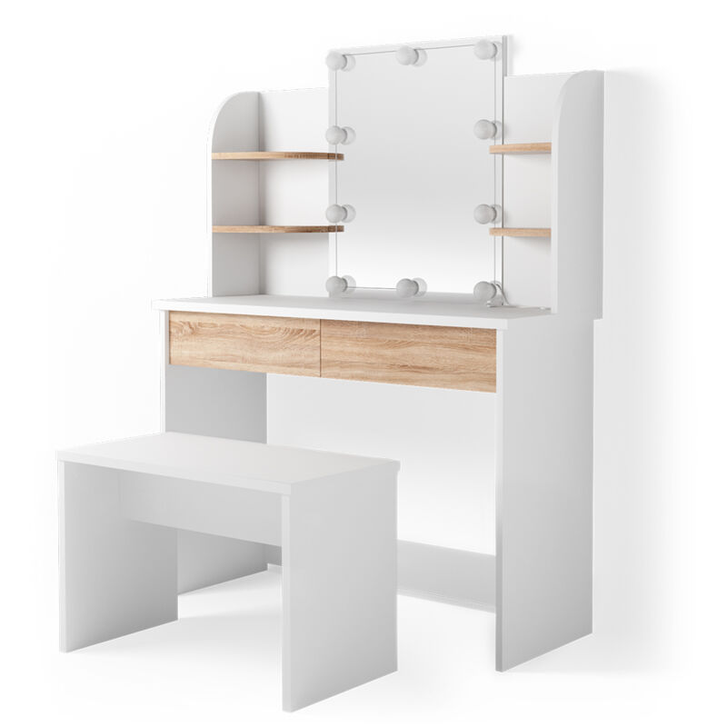 Coiffeuse Charlotte, Blanc/Sonoma, 108 cm avec éclairage led et banc Vicco