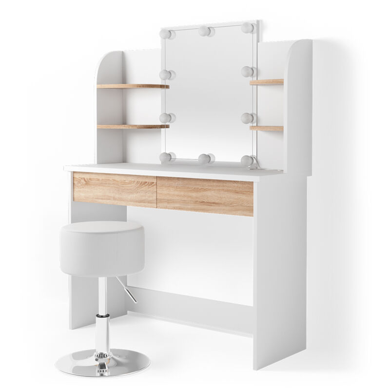 Coiffeuse Charlotte, Blanc/Sonoma, 108 cm avec éclairage led et tabouret Vicco