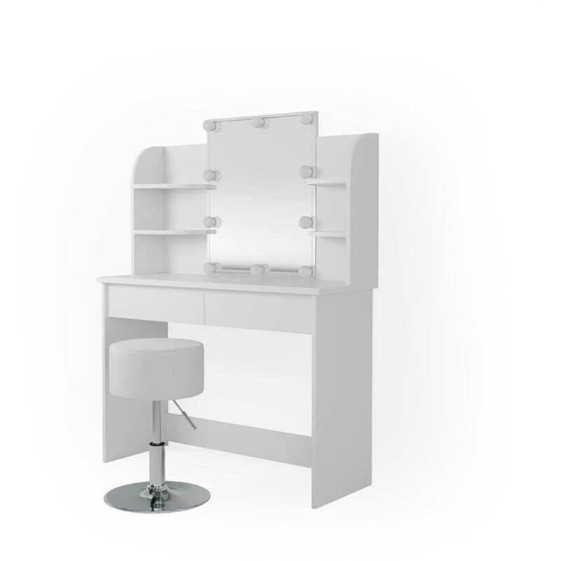 Coiffeuse Charlotte, Blanc, 108 cm + LED et tabouret, Vicco