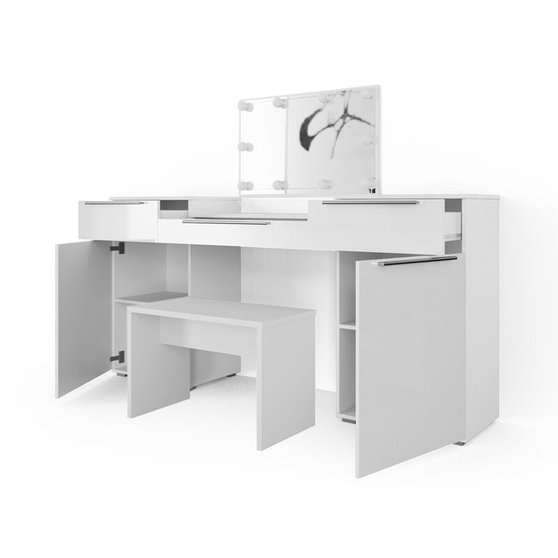 Vicco - Coiffeuse Lilli, Blanc, 190 cm avec éclairage led et banc