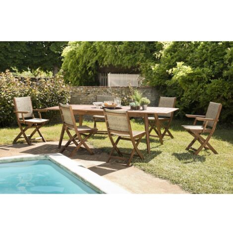 VICK - Ensemble de jardin bois table ext. 4 chaises + 2 fauteuils