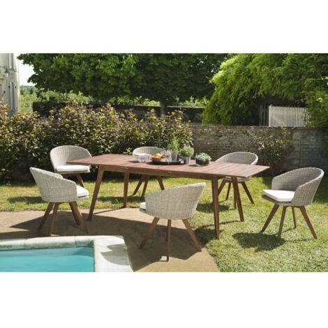 VICK - Ensemble de jardin bois table rect. Ext. 180/240cm 6 fauteuils