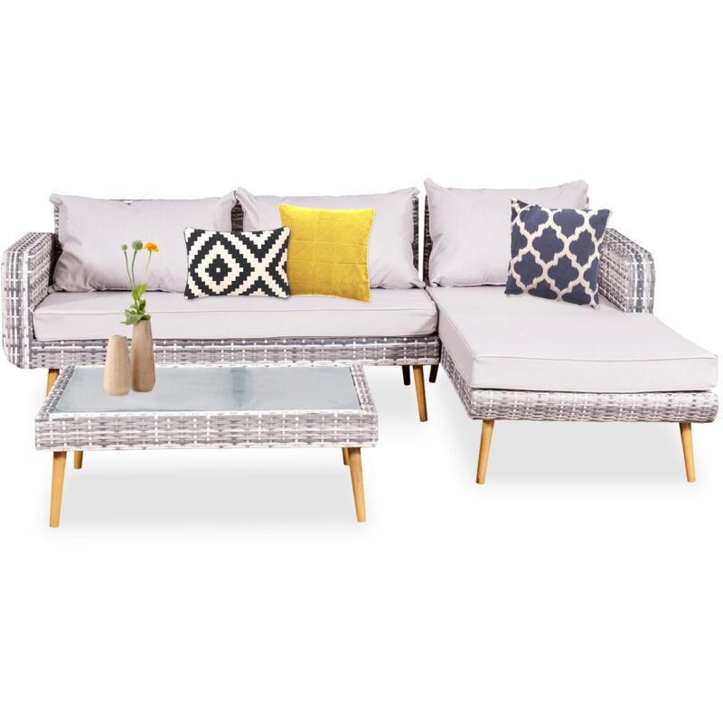 

Vicky: Conjunto de jardín de estilo escandinavo de 4 plazas de resina trenzada gris con chaise longue - Gris