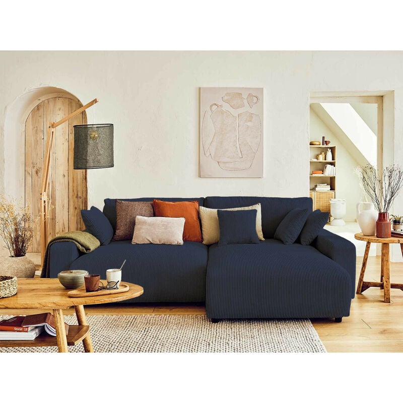 Lisa Design - Pivoine - canapé d'angle réversible - 4 places - convertible avec coffre - en velours côtelé - bleu nuit