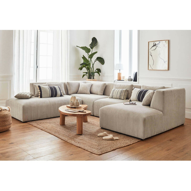 Lisa Design - Victoire - canapé modulable panoramique d'angle gauche - 7 places - en velours côtelé - beige