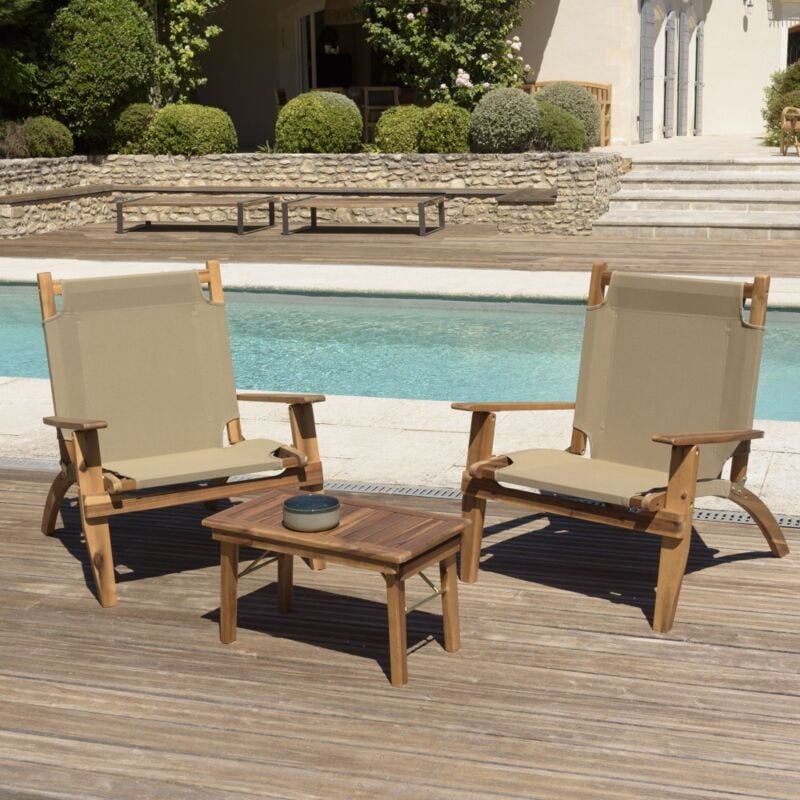 Victoire - salon de jardin en bois acacia 2 pers - 2 fauteuils et 1 table basse 63,5 x 36 cm