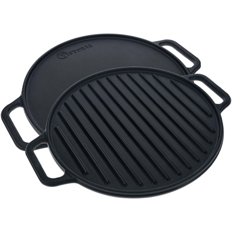 38007 Plaque à Griller en Fonte Émaillée Induction Grille Réversible 32cm pour Feu Noir - Victoria