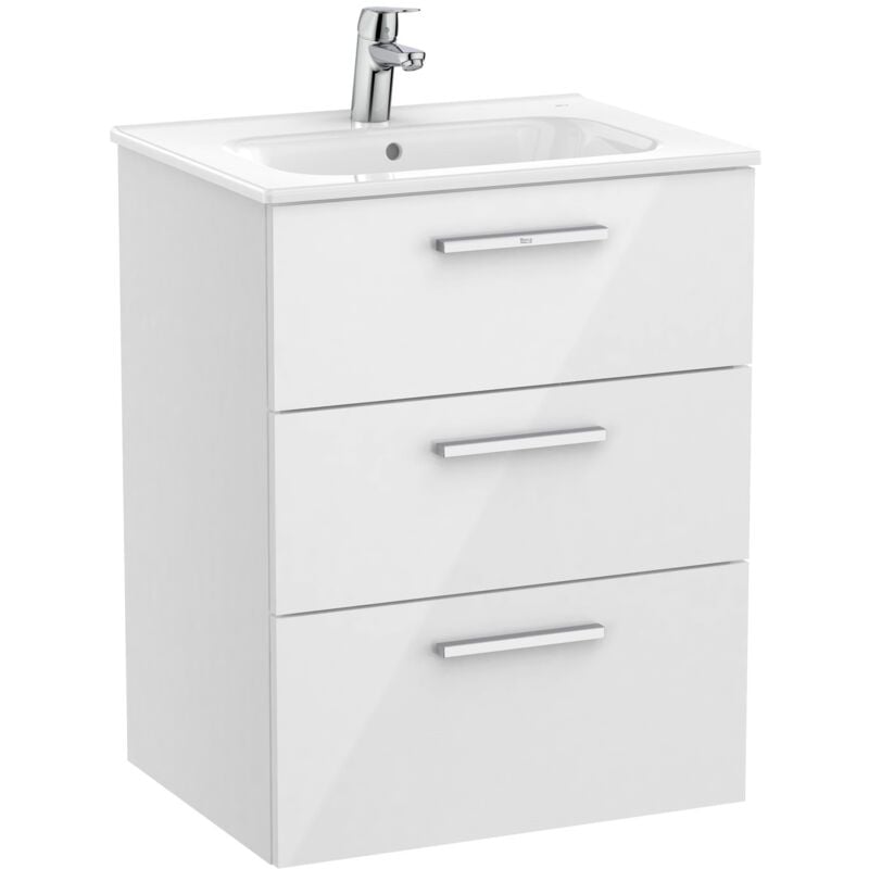 Unik family - Meuble bas 3 tiroirs + lavabo Roca Couleur : Blanc - Dimensions : 605x453x741 mm