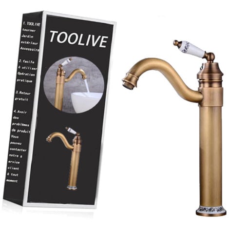 DECKON Victorian Bathroom Basin Mixer Tap, Mono High Rise Basin Tap for Countertop, Tall Traditional Sink Faucet with Ceramic Lever, 360° Swivel Spout, Classic Taps, Retro Style, Antique Brass