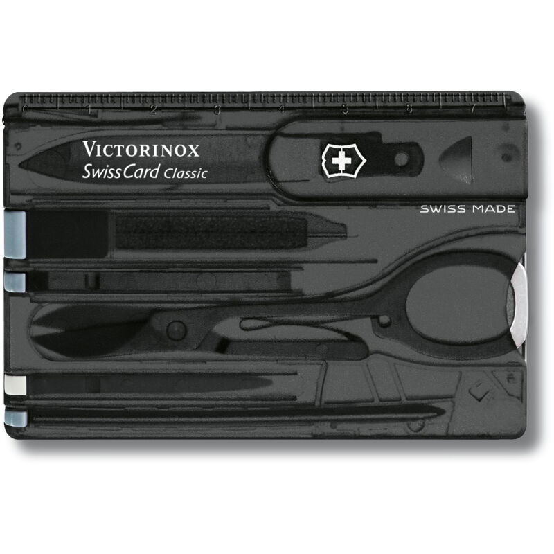 Victorinox - Carte suisse multi-usages Swiss Card Classic, avec 10 fonctions, ciseaux et stylo inclus, noir transparent.