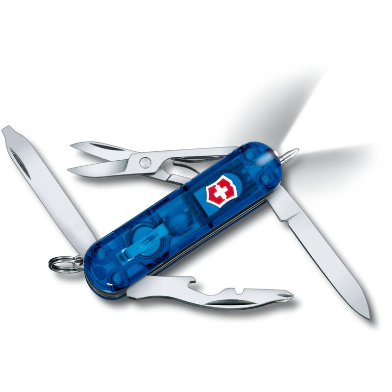 Victorinox - Couteau suisse Midnite Manager, comprend un tournevis cruciforme et une led, possède 10 fonctions, 31 gr, couleur bleu transparent.
