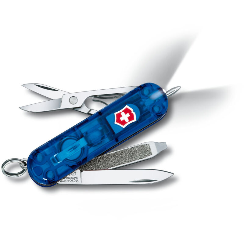 

Navaja suiza Signature Lite, incluye bolígrafo y luz LED brillante, 7 funciones, mango de ABS, 24 gr, color azul transparente - Victorinox