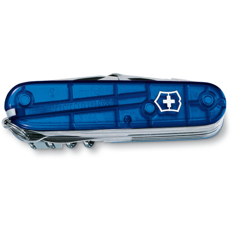 Victorinox - Couteau suisse Swiss Champ, 33 fonctions différentes, avec pince à épiler, ciseaux et loupe, 185 gr, couleur : bleu transparent.
