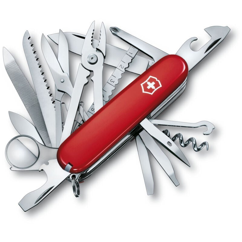 Couteau suisse Victorinox Swiss Champ, 33 fonctions différentes, avec pince à épiler, ciseaux et loupe, 185 gr, couleur rouge.