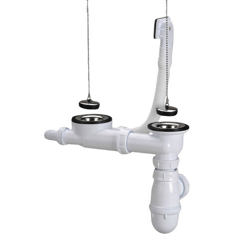 Vidage complet évier inox 2 cuves avec siphon et trop-plein Ø70 - percage 50mm