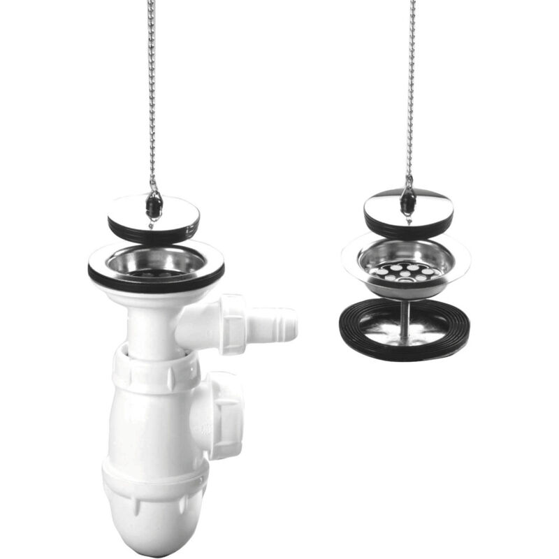 Vidage pvc pour évier grès 2 cuves avec siphon et prise machine à laver