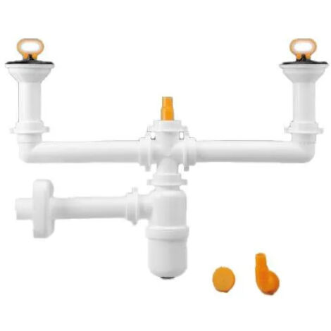 Vidage évier en grès 2 cuves – Siphon central – Pour éviers double cuve – Diamètre bonde D.90 – Matériau plastique durable – Lira