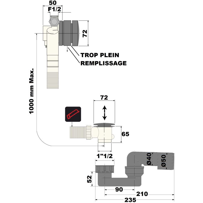 Vidage remplissage baignoire clic-clac 90cm Epoxy Blanc Mat