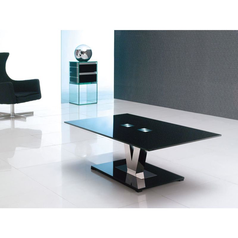 Vidal Designer Coffee Glass Table [Black Glass and Polished Steel]