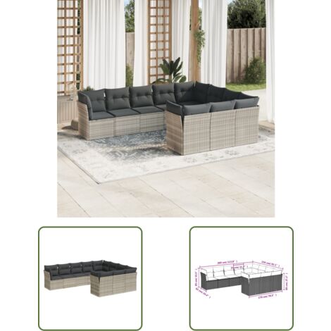 vidaXL 10-tlg. Garten-Sofagarnitur mit Kissen Hellgrau Poly Rattan