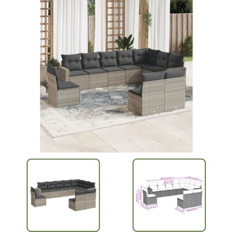 vidaXL 10-tlg. Garten-Sofagarnitur mit Kissen Hellgrau Poly Rattan