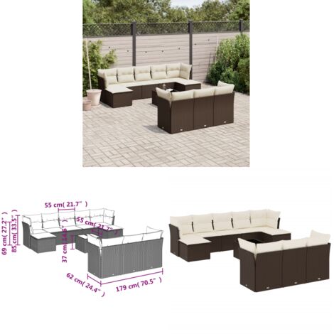 vidaXL 11-tlg. Garten-Sofagarnitur mit Kissen Braun Poly Rattan