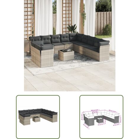vidaXL 12-tlg. Garten-Sofagarnitur mit Kissen Hellgrau Poly Rattan