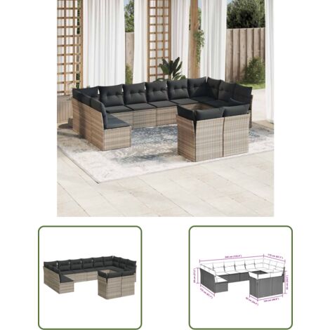 vidaXL 12-tlg. Garten-Sofagarnitur mit Kissen Hellgrau Poly Rattan